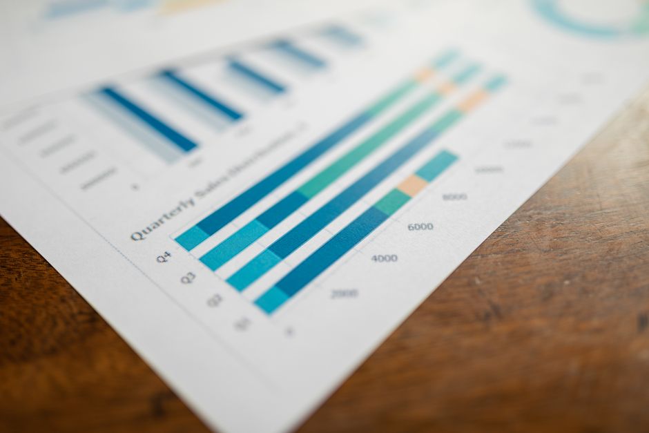 swiggy q1 results — Close-up of a quarterly sales report showing bar charts on paper.
